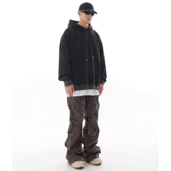 Vintage Pleated Design Jeans Men Women Grey Distressed Wide Leg Pants