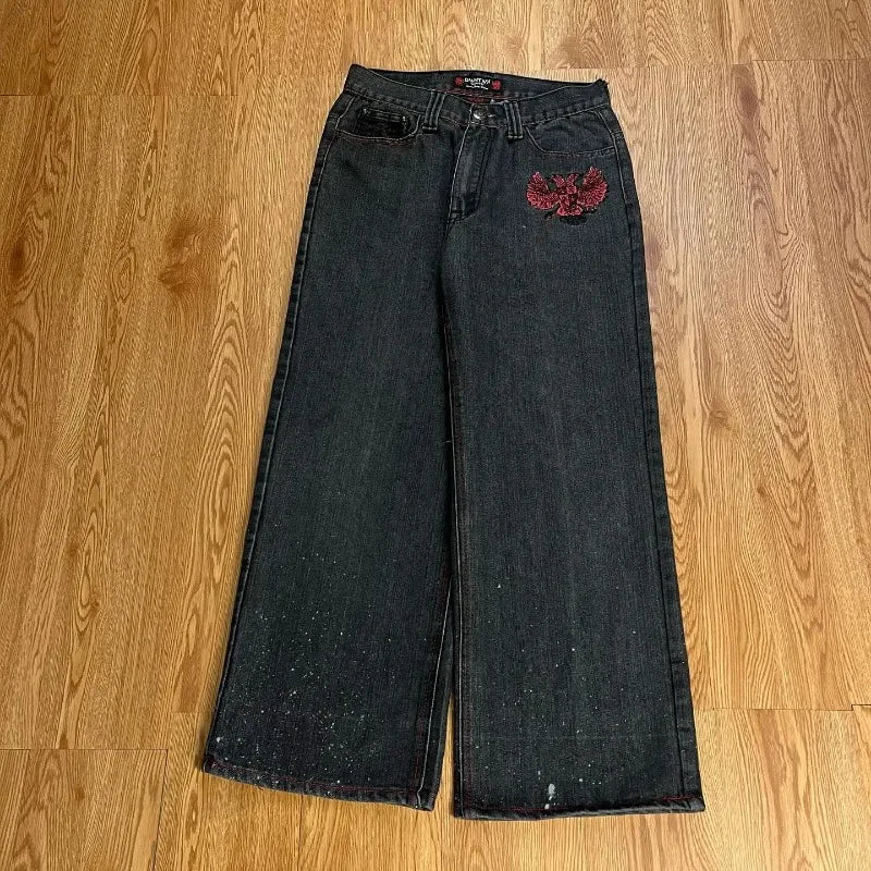 Street Vintage Jeans Y2K Harajuku Wash Black Multiple Pockets Baggy Jeans