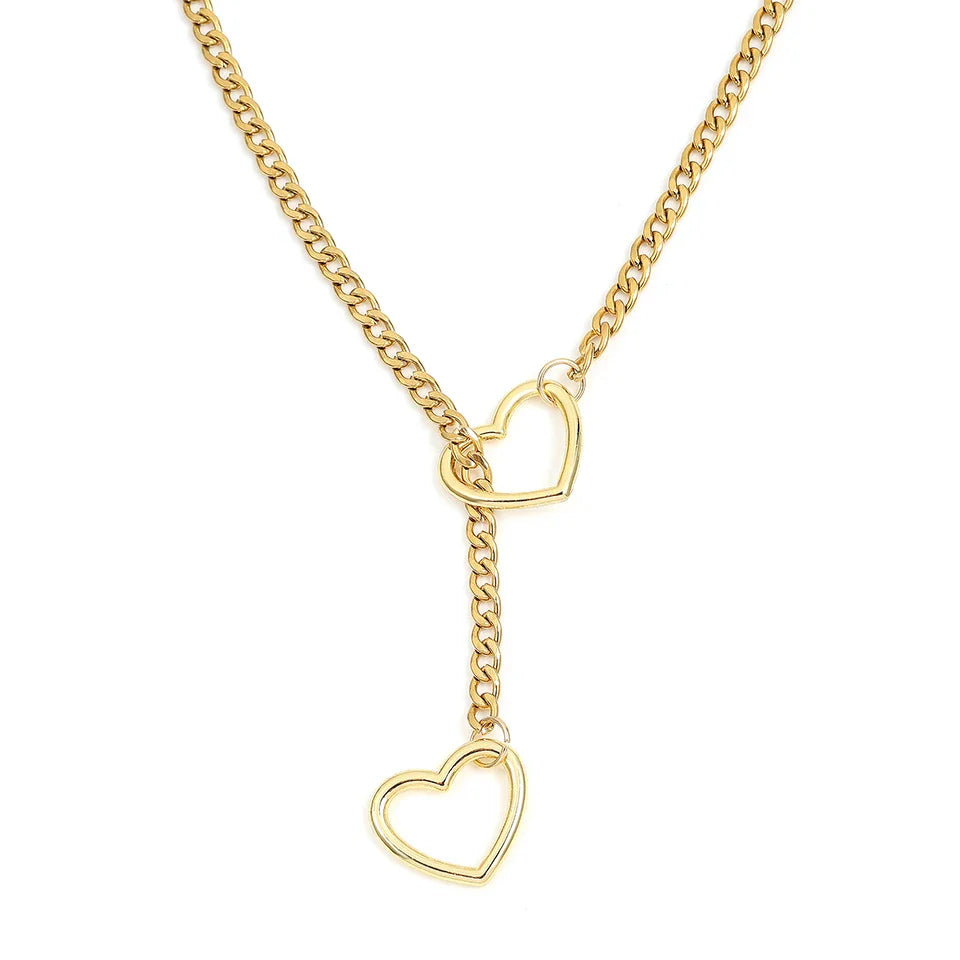 ZAKOL Adjustable Stainless Steel Cuban Link Necklace Hollow Heart Y-Shaped Necklace Punk Rock Style Party Accessories