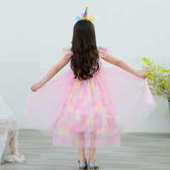 Unicorn Princess Dress for Girl Fancy Mesh Sequins Pink Halloween Costume for Kids