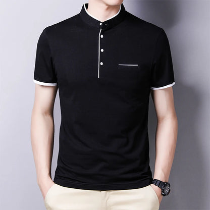 2025 New Men's Casual and Fashionable Solid Color Short Sleeved Stand Up Collar T-shirt Summer Versatile and Comfortable Top