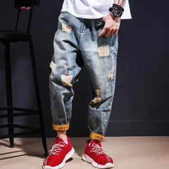 Trousers Broken Ripped Male Cowboy Pants with Holes Jeans for Men Tapered