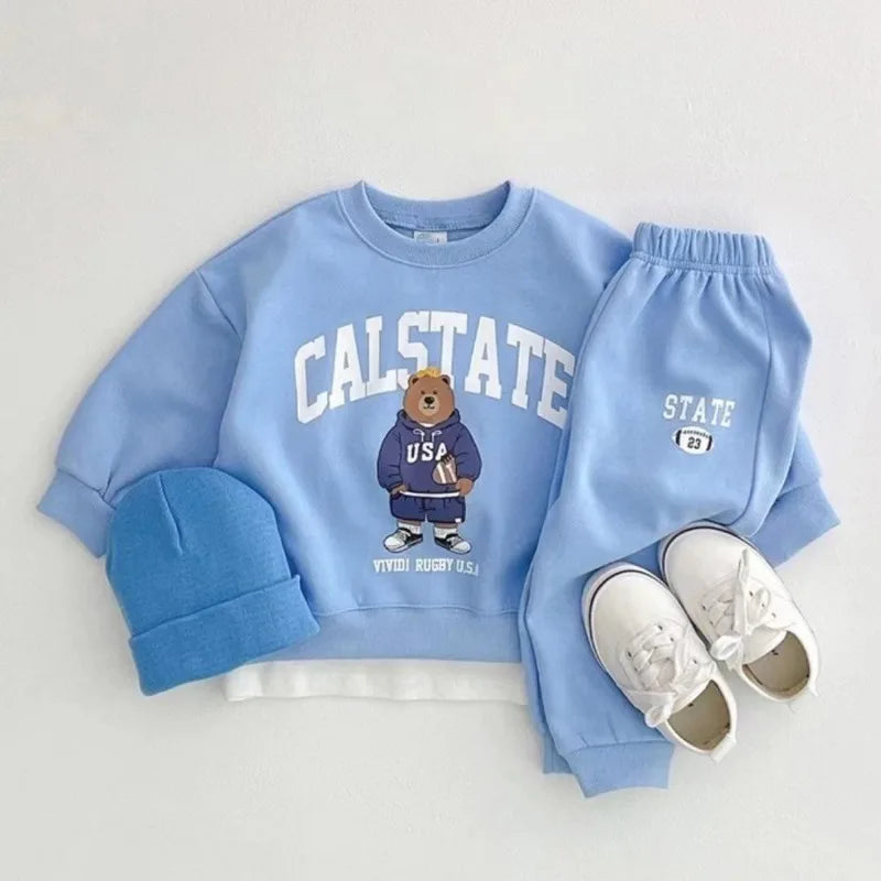 Winter Spring Baby Girls Boy Clothes Set Toddle Kid Cotton Embroidery Letter Sweatshirts Pullover Top and Pants 2 Pieces Suit