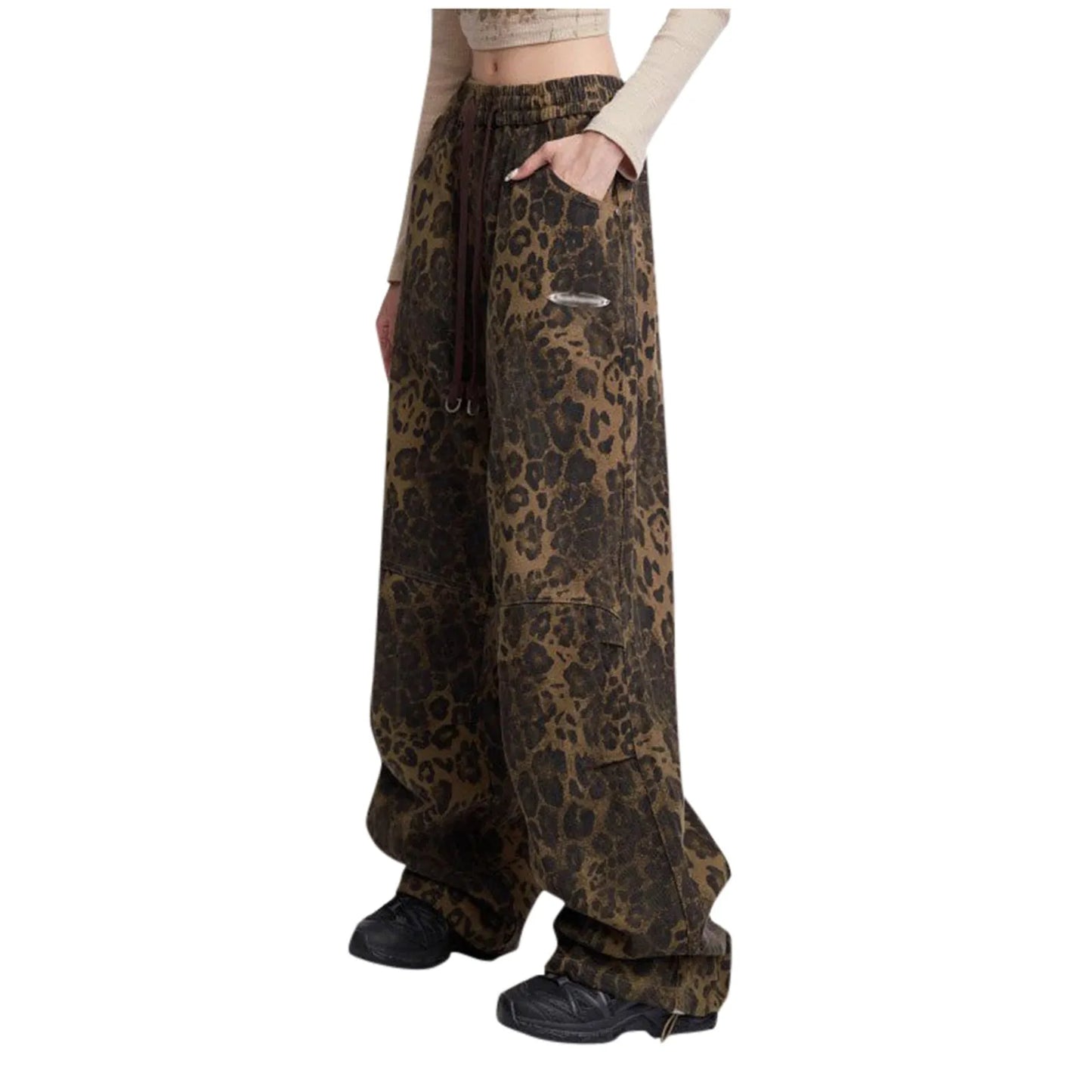 Women Leopard Print Jeans Straight Leg Dance Cargo Pants Hiphop Streetwear
