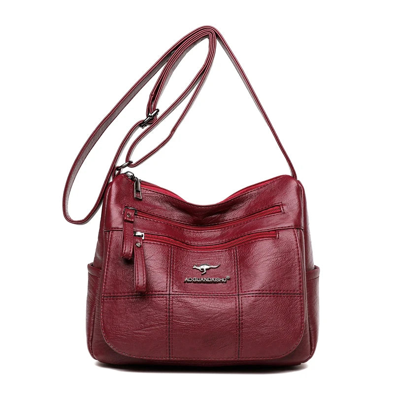 Women's Soft Leather Shoulder Bags Multi-Layer Pockets Messenger