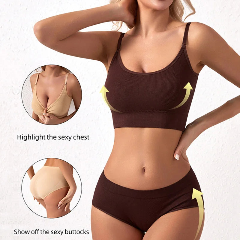 Women Seamless Bra Set Low Waist Panties Wire Free Bra Bralette