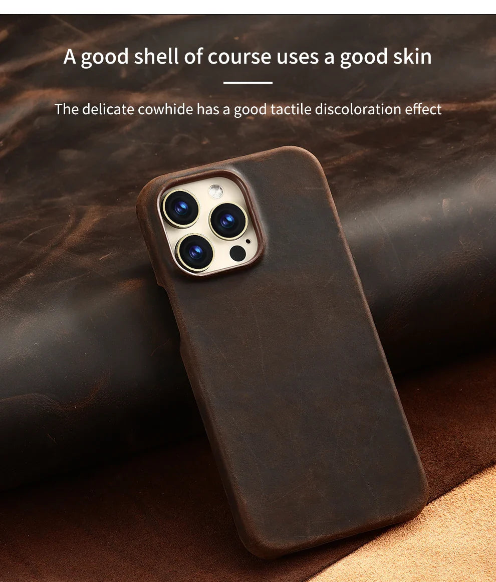 Magsafe Case for iPhone 17 Air 16 15 Pro Max Retro Luxury Full Grain Cowhide Genuine Oiled PULL-UP Leather Magnetic Cover