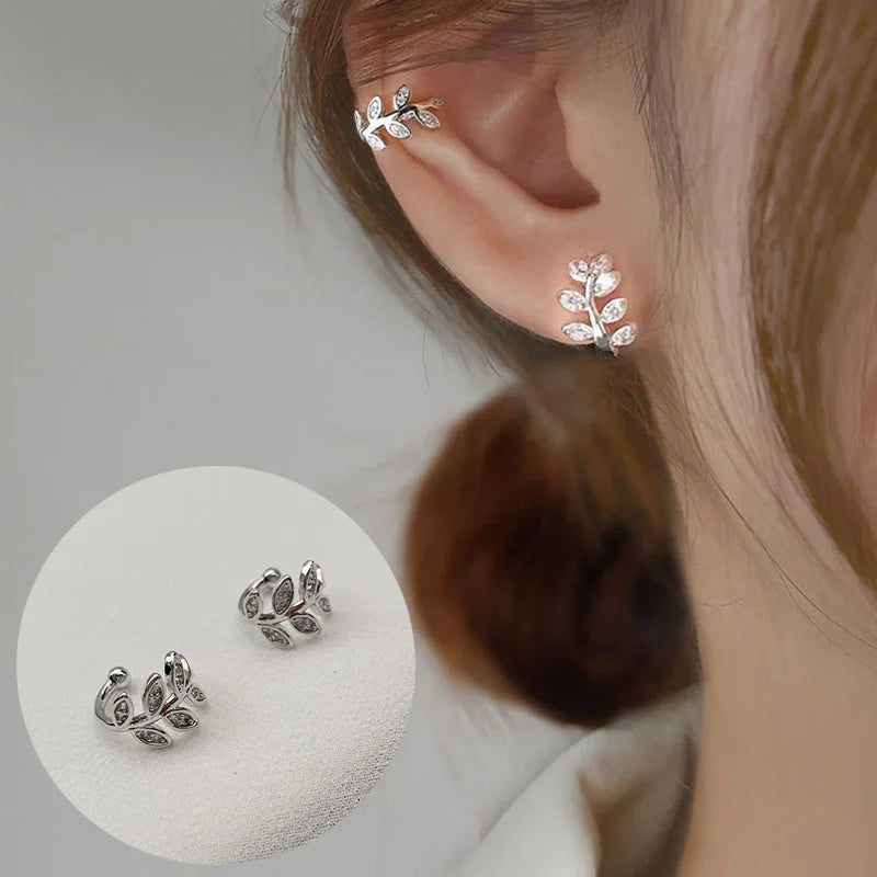 EVISPOL Fashion Exquisite Crystal Zerconia Ear Cuff Earrings for Woman Non Piercing Leaf Clip Earrings Christmas Jewelry Gift