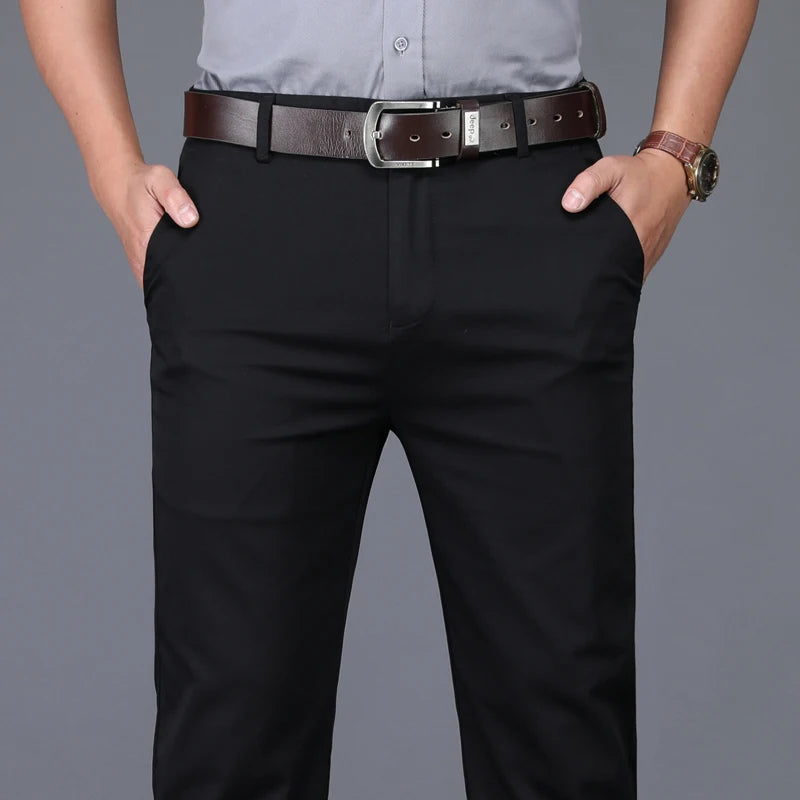Classic Style Men's Brown Business Straight Casual Pants Solid Stretch Cotton High Waist