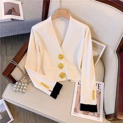 Vintage Elegant V-neck Cardigan Sweater For Women Gold Buttons Long Sleeve