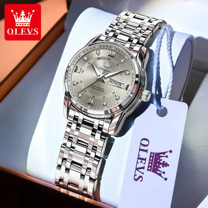 OLEVS 5513 Quartz Watch for Women Diamond Scale Dual Calendar Stainless Steel Strap Waterproof Watch Elegant Ladies Wristwatches
