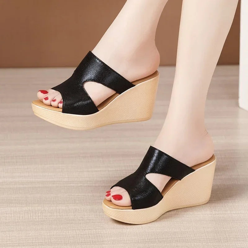 Summer Ladies Slippers New Fashion Platform Wedge Women's Pumps Designer High Heel Sandals Open Toe Fish Mouth Shoes Mules