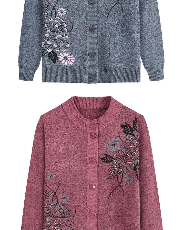 Print Middle-Aged Elderly Mother's Spring Autumn Long-Sleeve Sweater Women