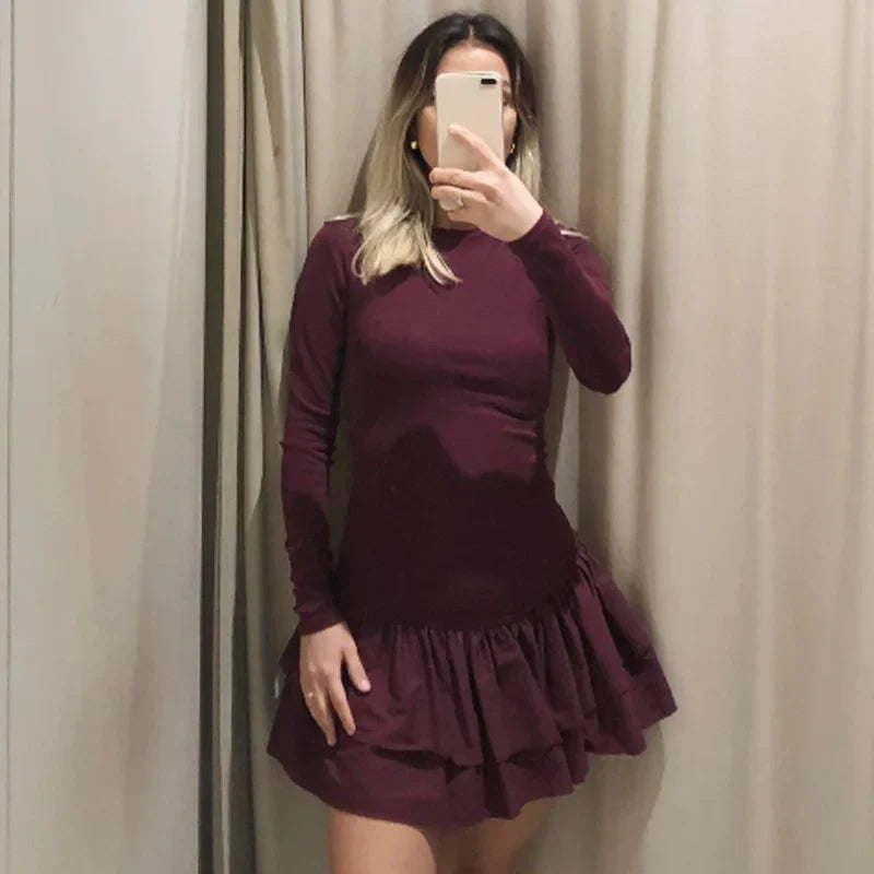HXAO Womens Dresses Ruffled Corset Dress Summer 2025 Red Brown Black Dress O-Neck Long Sleeve Dresses Layered Party Vestidos 066