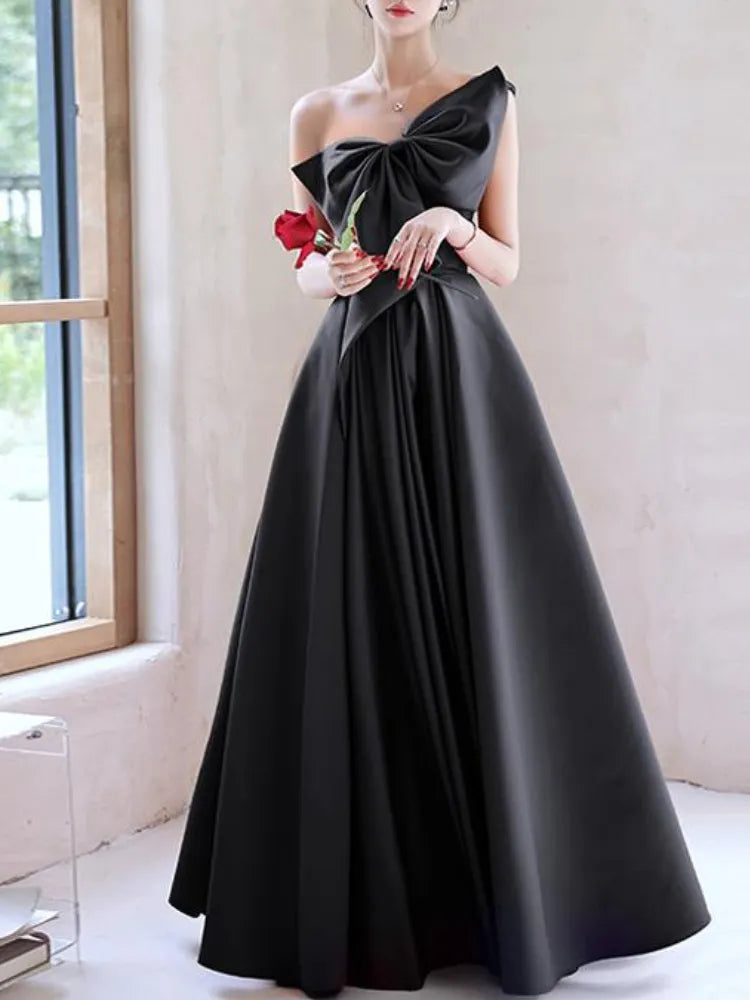 Evening wear Dresses: Prom Vestidos Bow Draped One-shoulder Cross Lace Up Dress