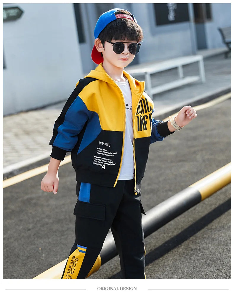 2026 winter spring Tracksuit Clothes Boys Teenager Kids zipper splicing Child set jacket hooded + striped Pant 8 9 10 11 12 year