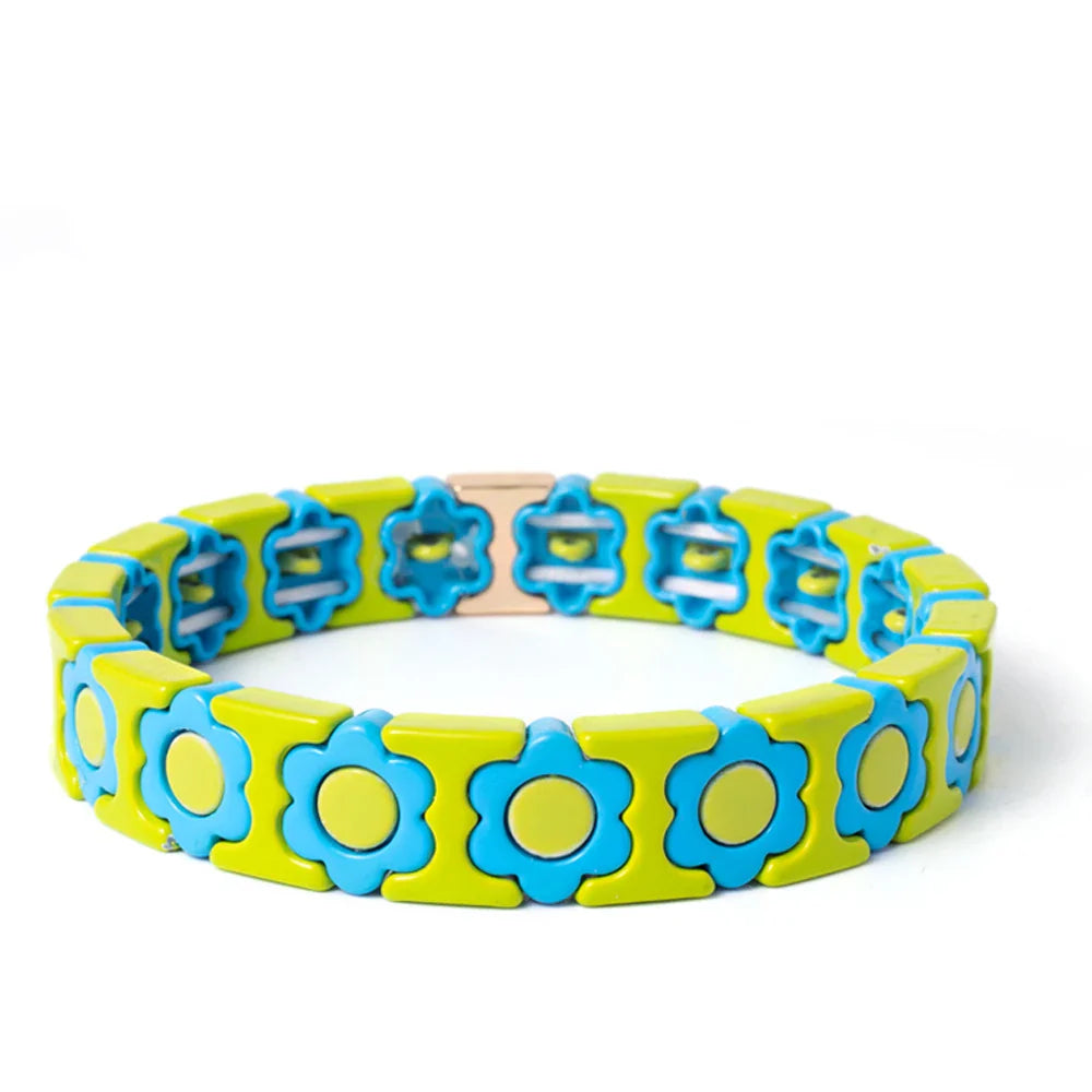 New Design Colorful Flower Charms Bangle For Women Handmade Bohemian Elastic Flower Bracelets Metal Beads Jewelry