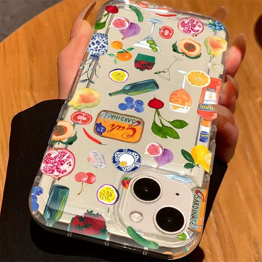 Transparent Fruit Juice Flower Pattern Phone Case For iPhone 17 16 14 11 12 13 15 Pro Max 14 Plus 17 Air Shock-Absorbing Cover