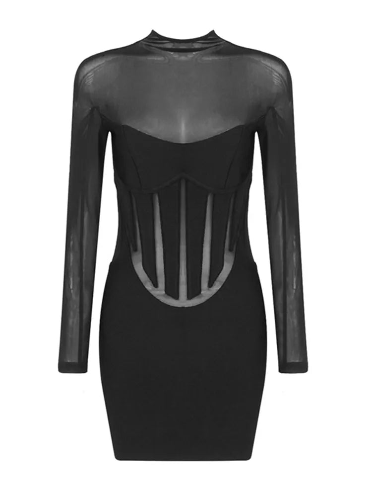 Formal attire Dresses: Long Sleeve Mesh Black Mini Bodycon Bandage Dress