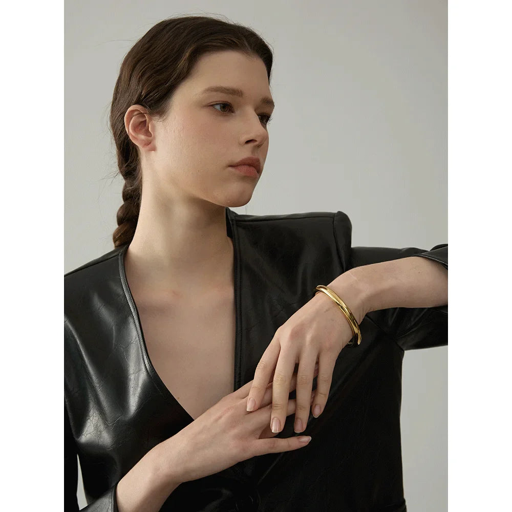 Yhpup 65mm Polished Textured Waterproof Stainless Steel Big Bracelet Bangle Statement Glossy Minimalist Jewelry High Quality