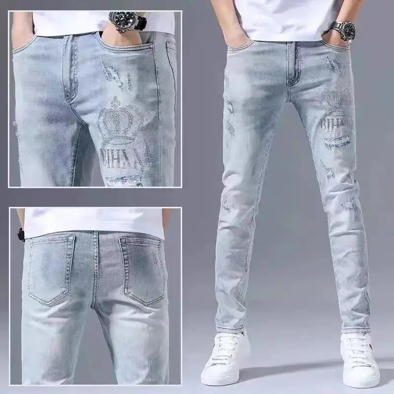 Fashion Stretch Denim Jeans Men's Spring Autumn Ripped Retro