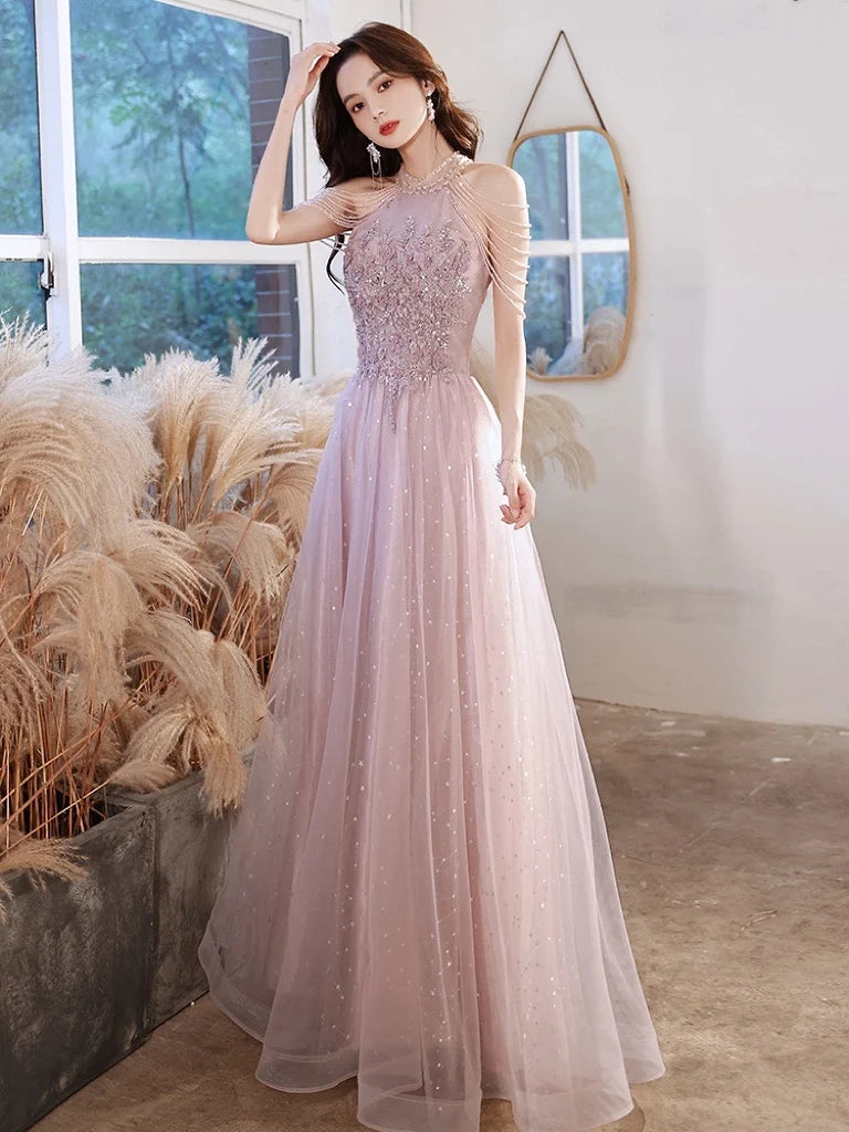 Homecoming Dresses: Sequins Beading Halter With Tassel Sleeve Prom Evening Gowns