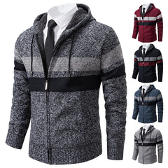 Striped Hooded Sweater Men's Coat with Velvet Padded Warm Knit Cardigan