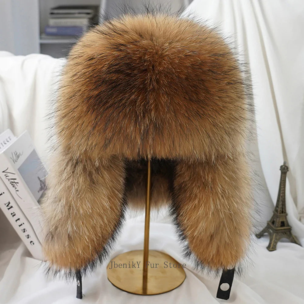 2025 Cap 100% Raccoon Dog Full Fur Fox Fur Hat Men's Fur Ear Protection Winter Thickened and Warm Russian Hat Men's Trend