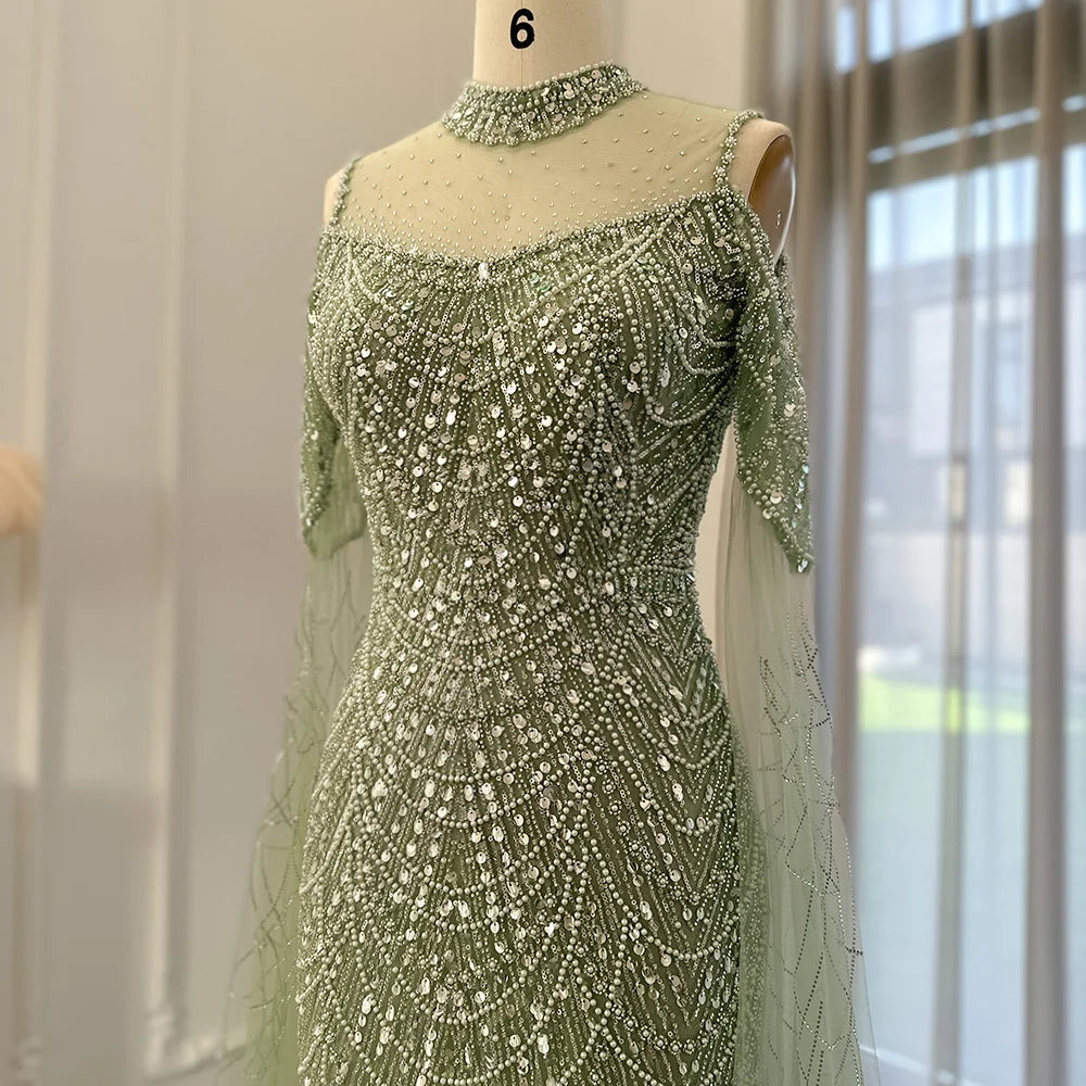 Sharon Said Sage Green Mermaid Luxury Dubai Evening Dress with Cape Sleeves Elegant Women Purple Wedding Formal Party Gown SS205