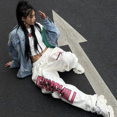 Y2K Streetwear White Track Pants Women Harajuku Hippie Wide Leg Sweatpants