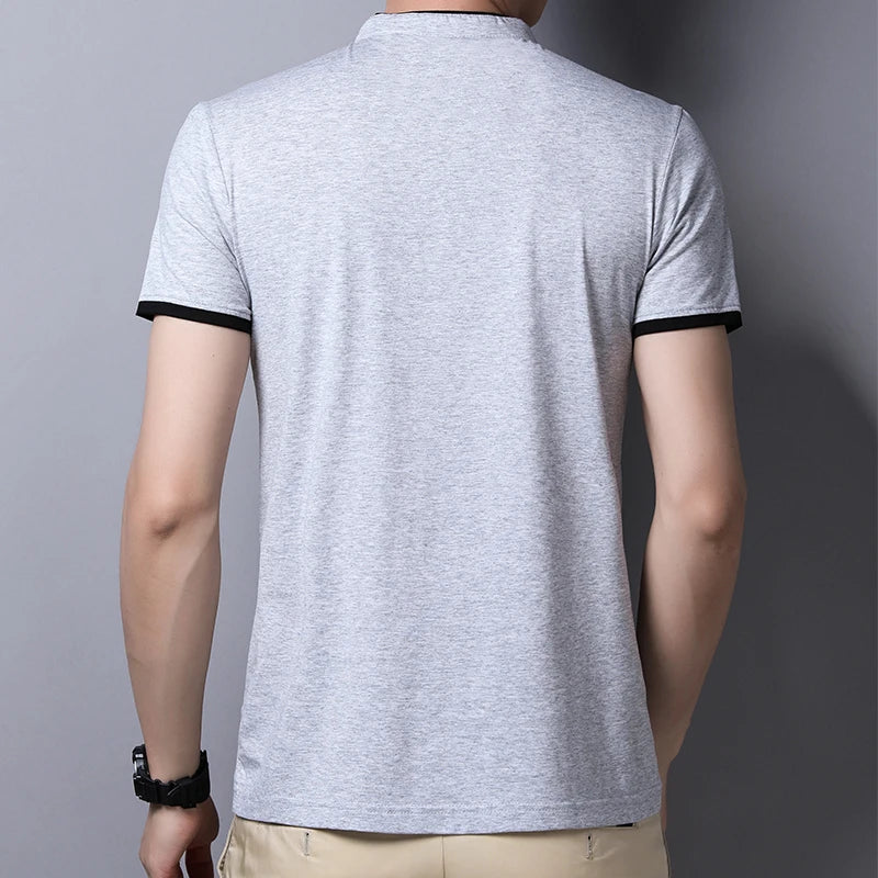2025 New Men's Casual and Fashionable Solid Color Short Sleeved Stand Up Collar T-shirt Summer Versatile and Comfortable Top