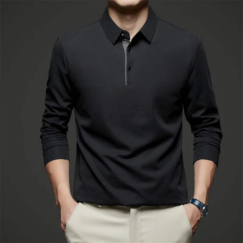 New Men's Business Casual  Long Sleeve Solid Color Polo Shirt Fashionable Warm Comfortable Four Seasons Versatile Top