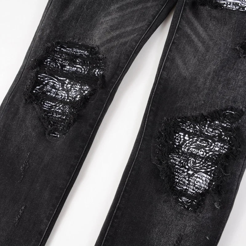 Men Bandanna Paisley Print Patch Jeans Streetwear Patchwork Holes Ripped Biker Pants