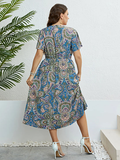 Casual Elegant Vintage Bohemian Style V-Neck Women Plus Size Clothing Summer Short Sleeve Paisley Printed A-Line Long Dresses