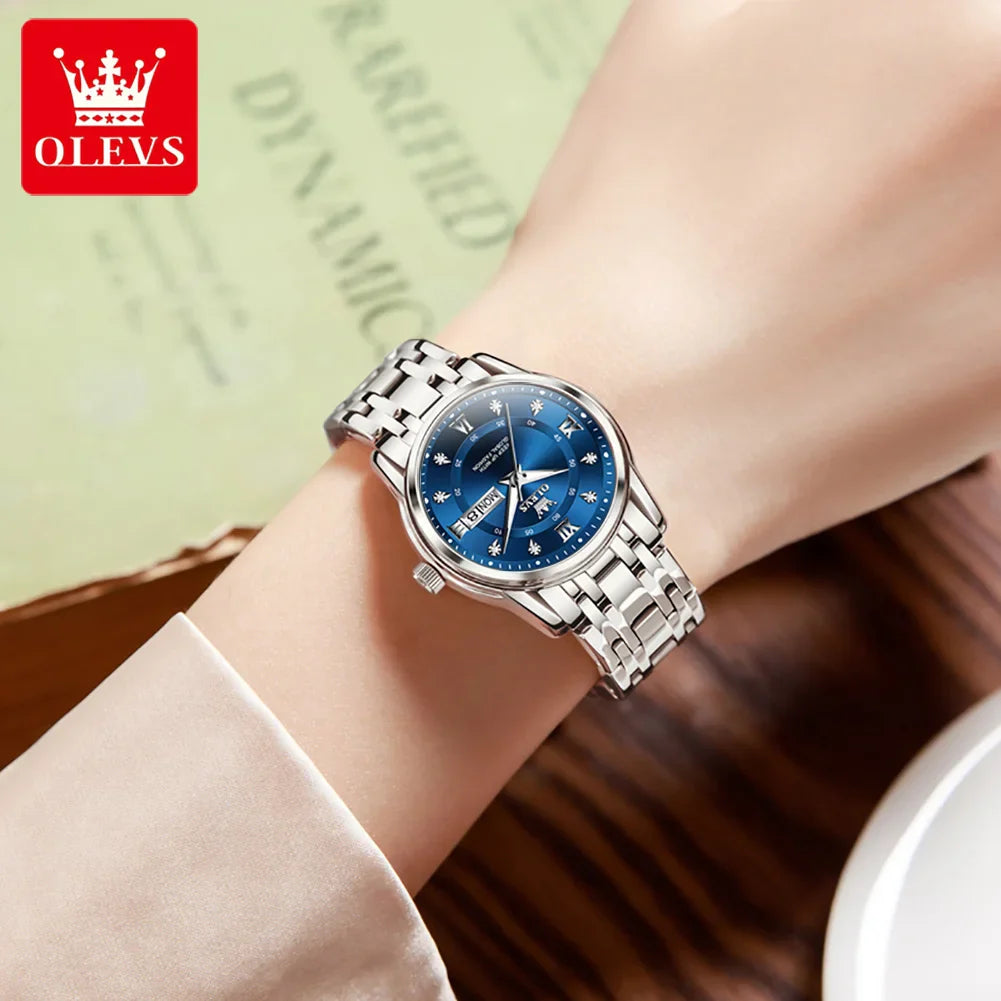 OLEVS 5513 Quartz Watch for Women Diamond Scale Dual Calendar Stainless Steel Strap Waterproof Watch Elegant Ladies Wristwatches