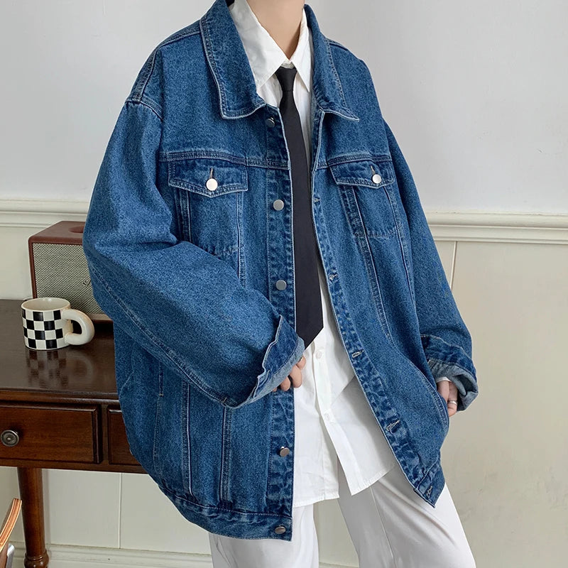 Plus Size 5XL-M Black Denim Jacket Mens Turn Down Collar Jeans Coats