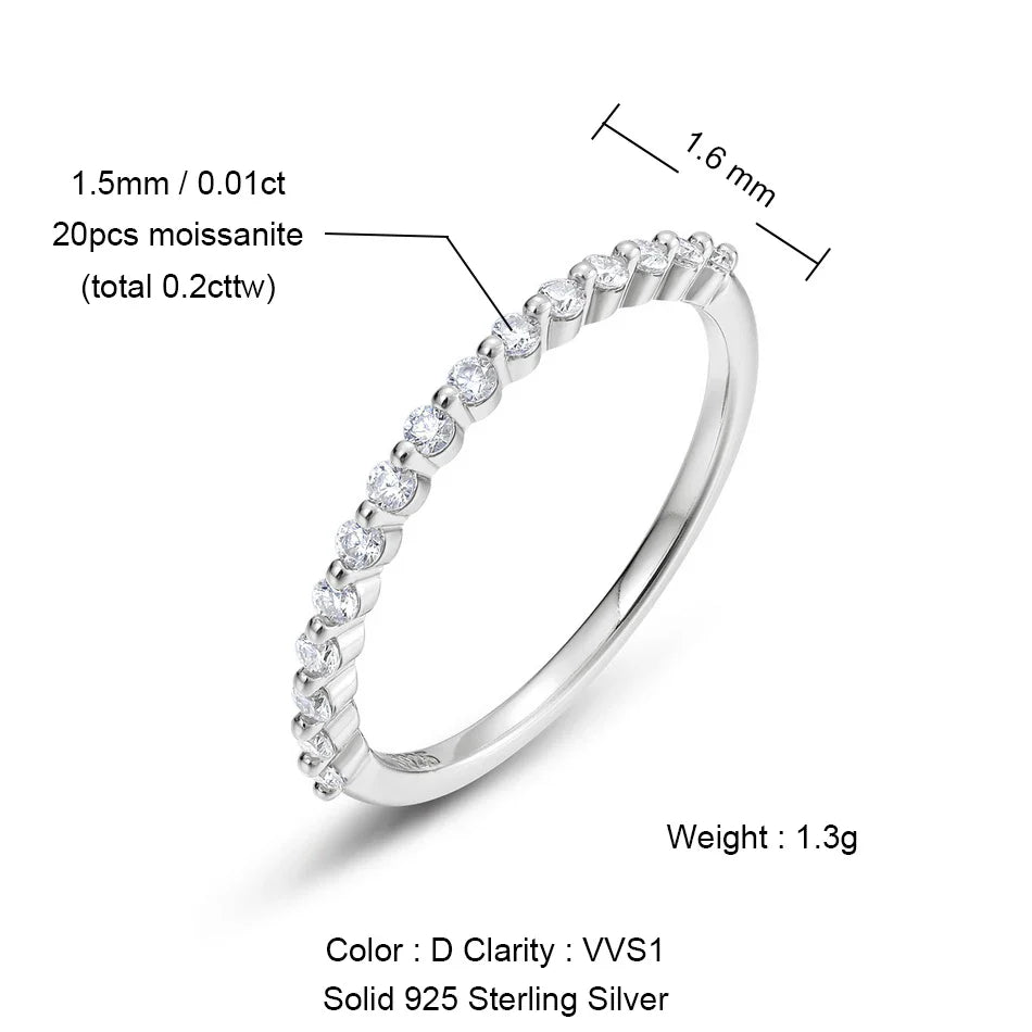 ALLNOEL 2mm Full Moissanite Ring for Women D Color VVS1 Female Single Tail Ring 925 Silver Ring Wedding Eternity Band With GRA
