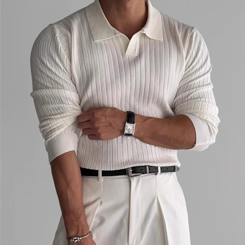 Men's Fashion Luxury V-neck Knitted Jacquard Polo Shirt Solid Color Long-sleeved Korean Popular Leisure Knitwear 2025 New Autumn