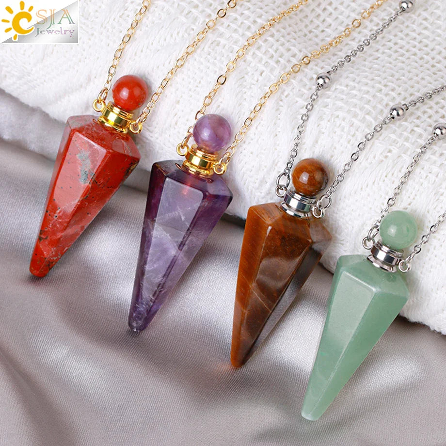 Natural Stone Cone Perfume Bottle necklace Healing Clear Quartz Crystal Pendant Reiki Essentials Oil Diffuser Vial Necklace H119