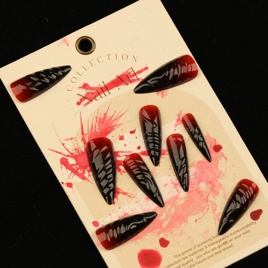 3D Red Black Gradient Halo Dyeing Long Pointed False Nails Halloween Detachable