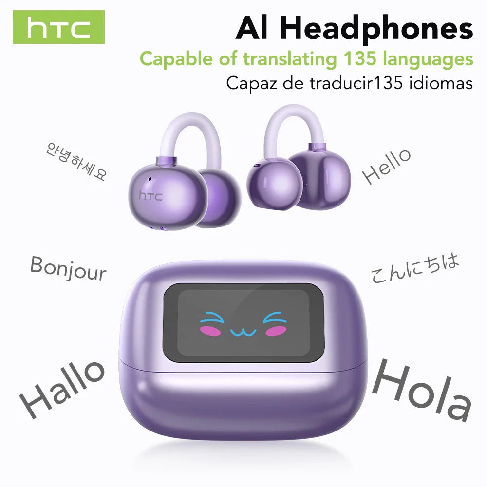 【HTC NE54】 Bluetooth V6.0 Earphones AI Translator LCD Screen Earbuds OWS Ear Clip Headphones Wireless Headphones Noise Reduction