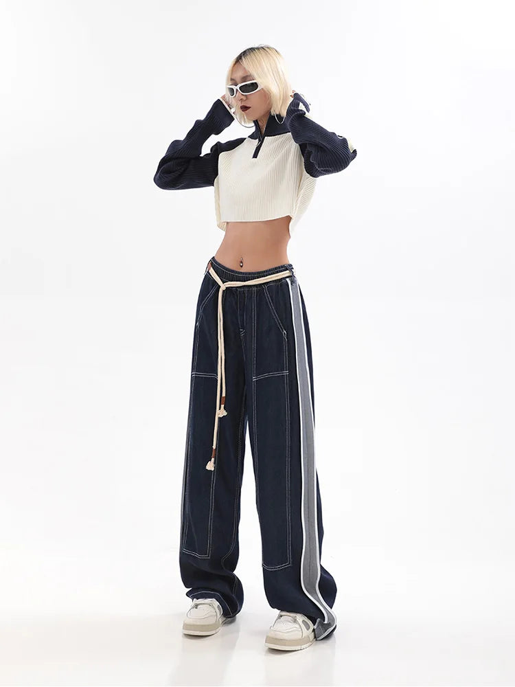 Womens Jeans High Waist Fashion Straight Baggy Denim Pants Streetwear