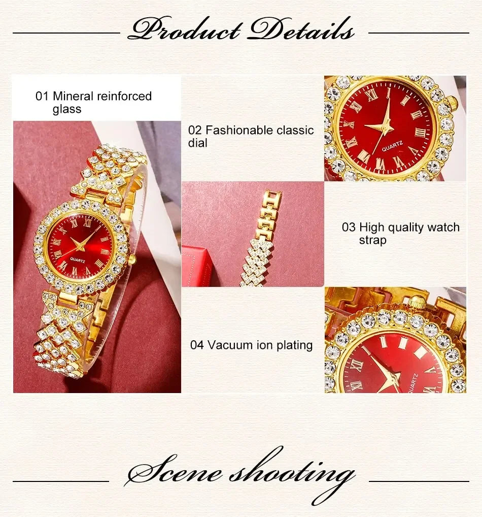 Gold luxury watches, women's rings, necklaces, earrings, rhinestones, fashionable watches, casual women's bracelets, watches, je