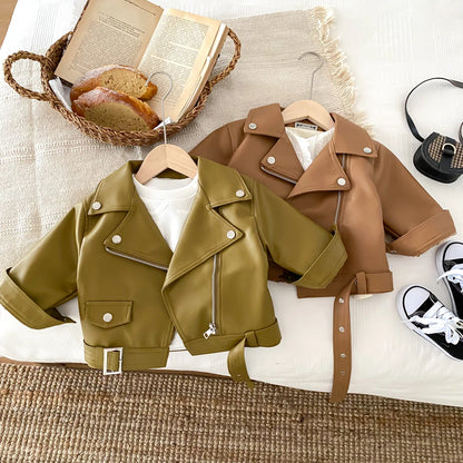 2023 Winter New in Kids Baby Girls Boys Fashion Top - Children Leather Thick Zipper Girdle Coat , Toddler Trend Jacket 2-9Y