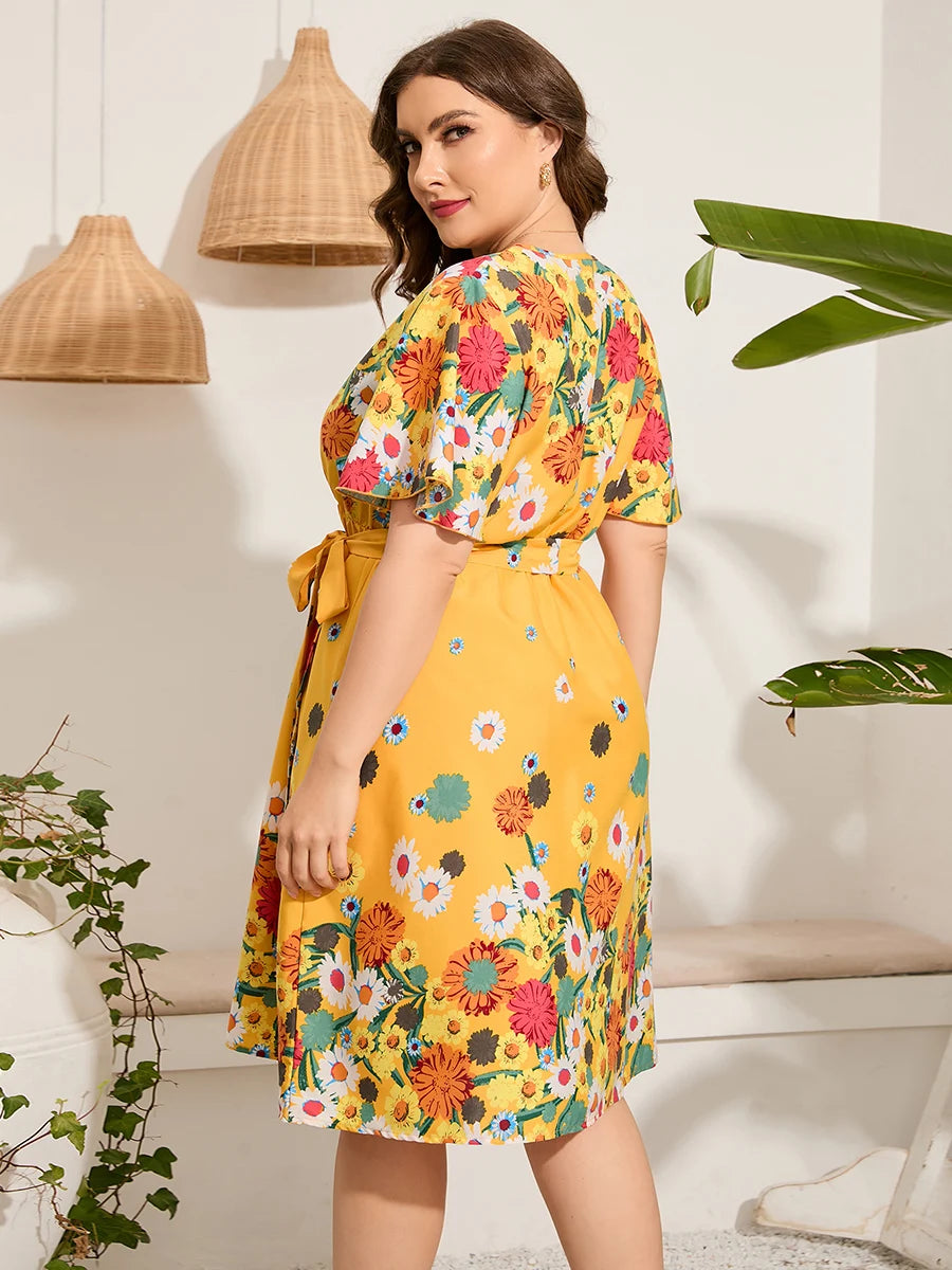 4xl 5xl Plus Size Midi Dress Women 2023 Summer V Neck Short Sleeve Floral Print Yellow Dress for Women Large Size Beach Dresses