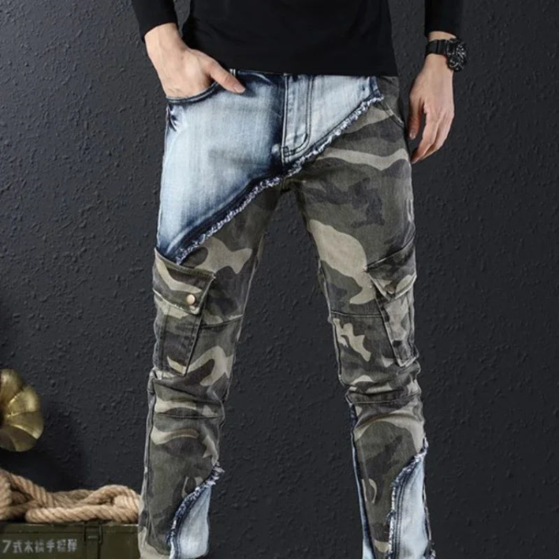 Splicing Camouflage Jeans for Men Graphic Tapered Male Cowboy Pants with Pockets