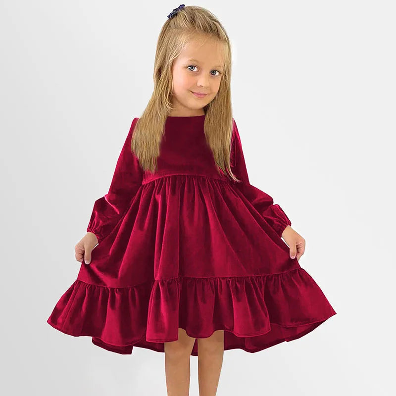 Girls Spring Autumn Winter Velvet Long Sleeve Ruffle Hem Dress