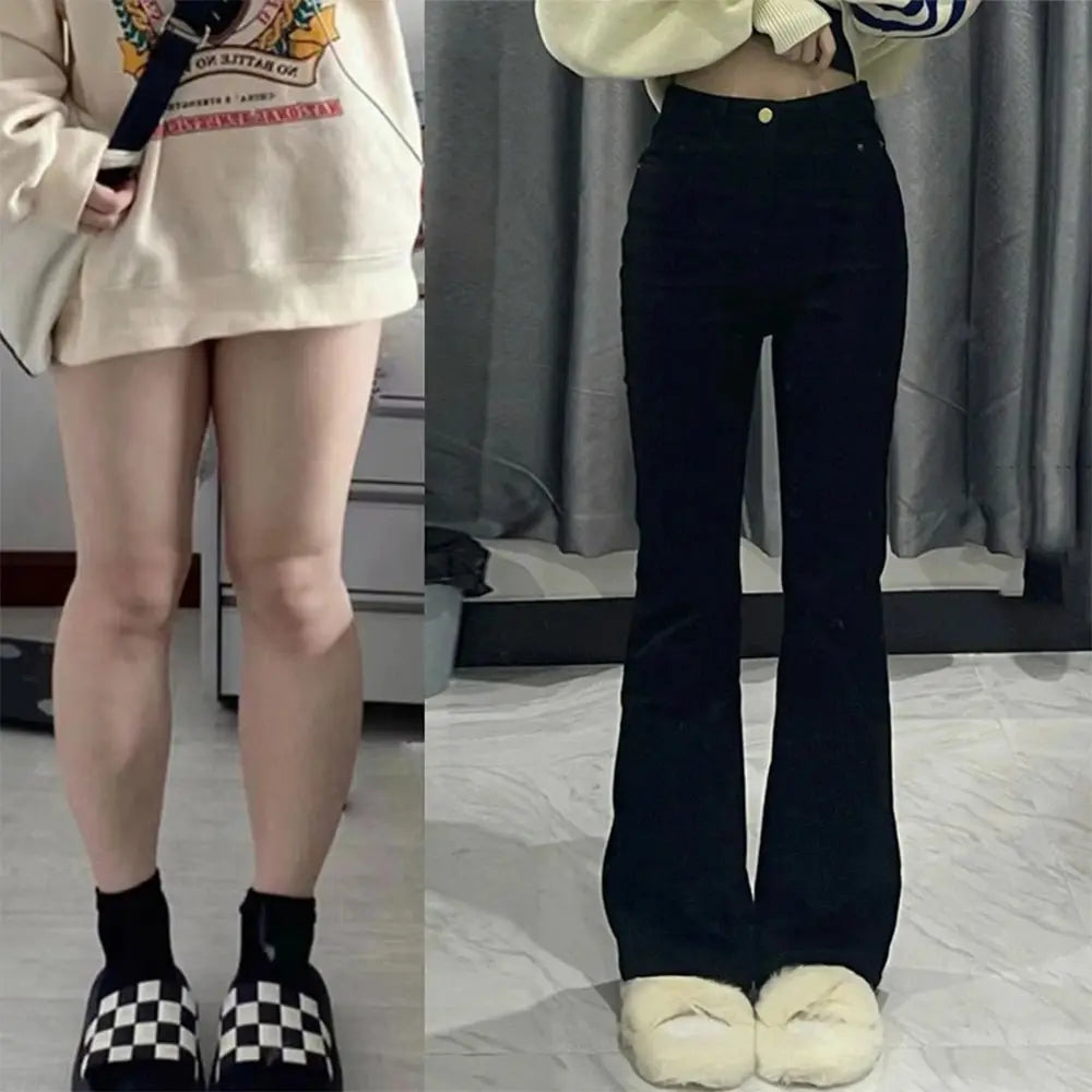 Korean Black Flare Jeans Women Vintage Y2K Denim Pants High Waist Slim Fit Stretch