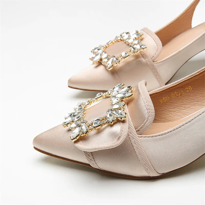 Women Pumps Pointed Toe Slingback Gladiator Sandals Rhinestone Chunky High Heel