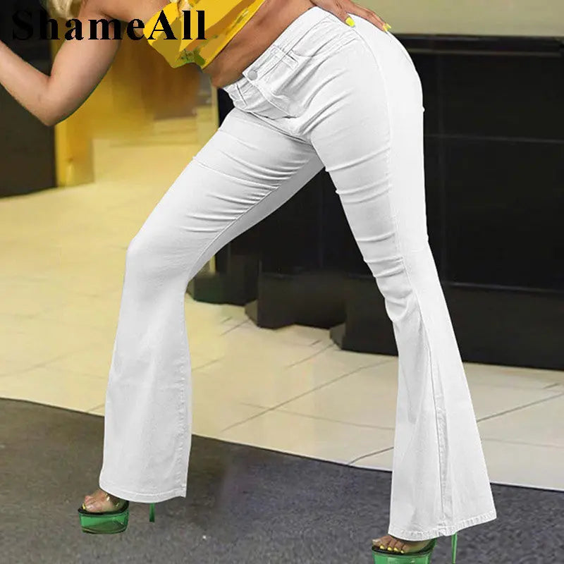 Plus Size Loose Comfortabl White Flare Jeans 3XL Streetwear Women High Waist Stretchy